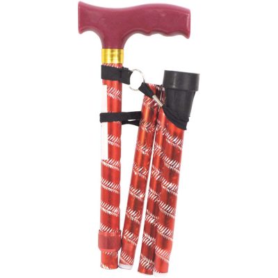 Extendable Plastic Handled Walking Stick with Engraved Pattern in Red Folded