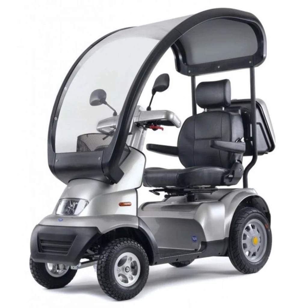 TGA Breeze S4 fitted with Solid Canopy in TGA Breeze S4 Mobility Scooter in Bright Silver Metallic