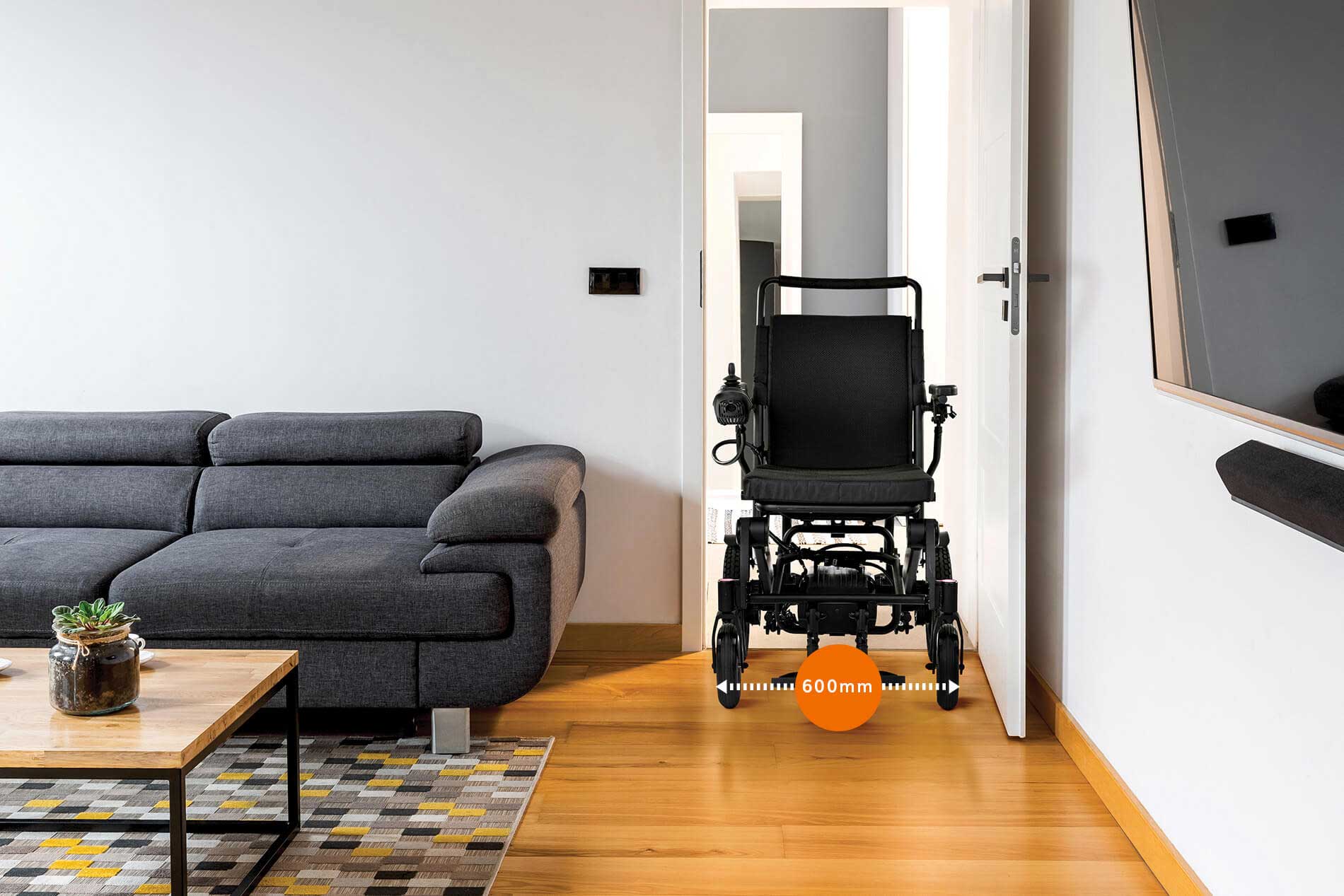 Q50 small powerchair easily fitting through a door frame