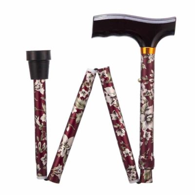 Folding Adjustable Walking Stick Burgundy Flower Folded