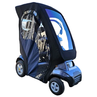TGA Breeze S4 fitted with Solid Canopy in TGA Breeze S4 Mobility Scooter in Bright Silver Metallic