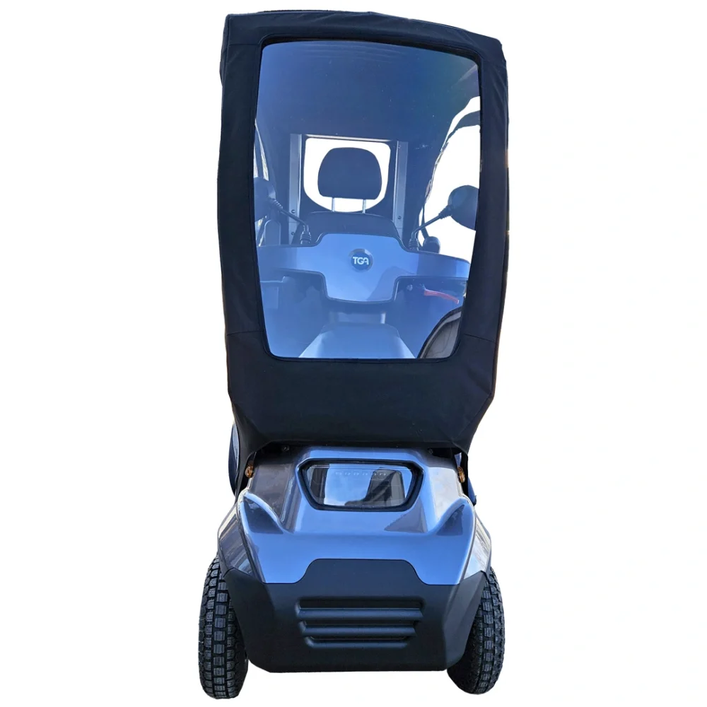 TGA Breeze S4 fitted with Solid Canopy in TGA Breeze S4 Mobility Scooter in Bright Silver Metallic Front