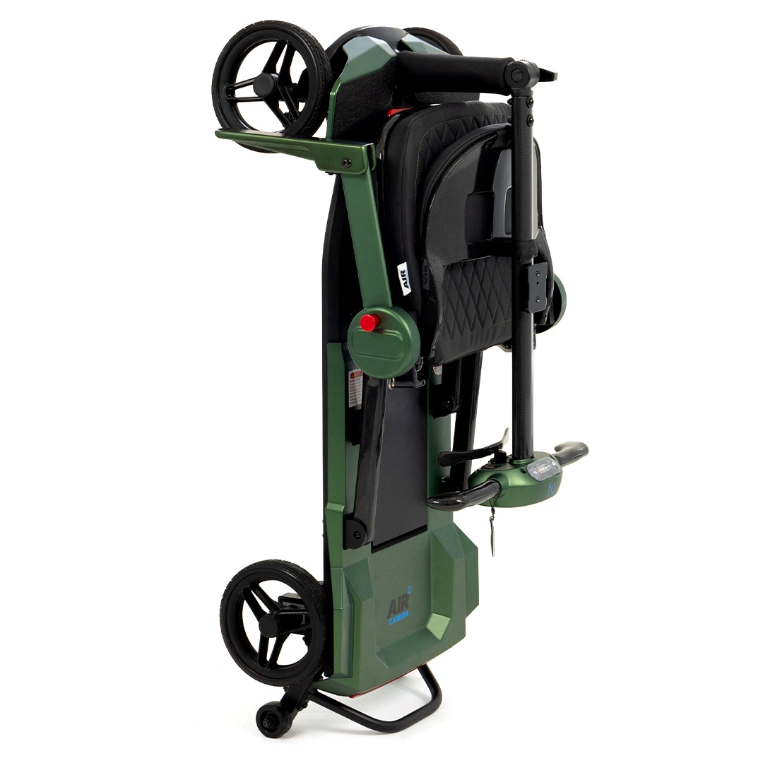 Monarch Air Carbon Folding Mobility Scooter folded standing Monarch Air Carbon Folding Mobility Scooter folded standing