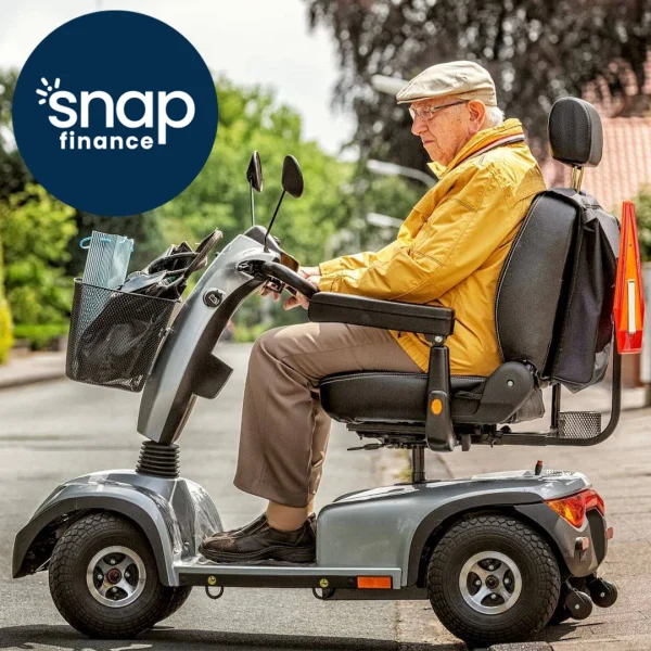 Snap Finance Man on Mobility Scooter in Yellow Jacket and Flat Cap
